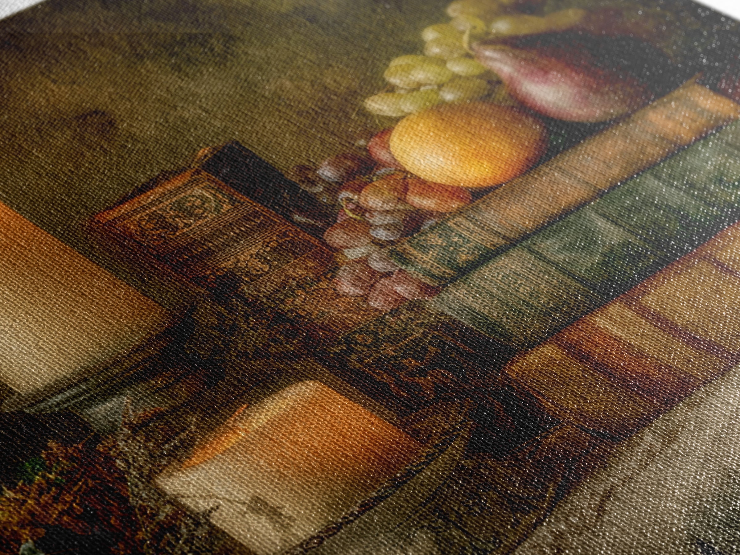 Still Life of Books Candle and Fruit Framed Canvas Print, Traditional Art, Boho, Living Room Decor, Fine Art, Classic, TRA-1x1-44