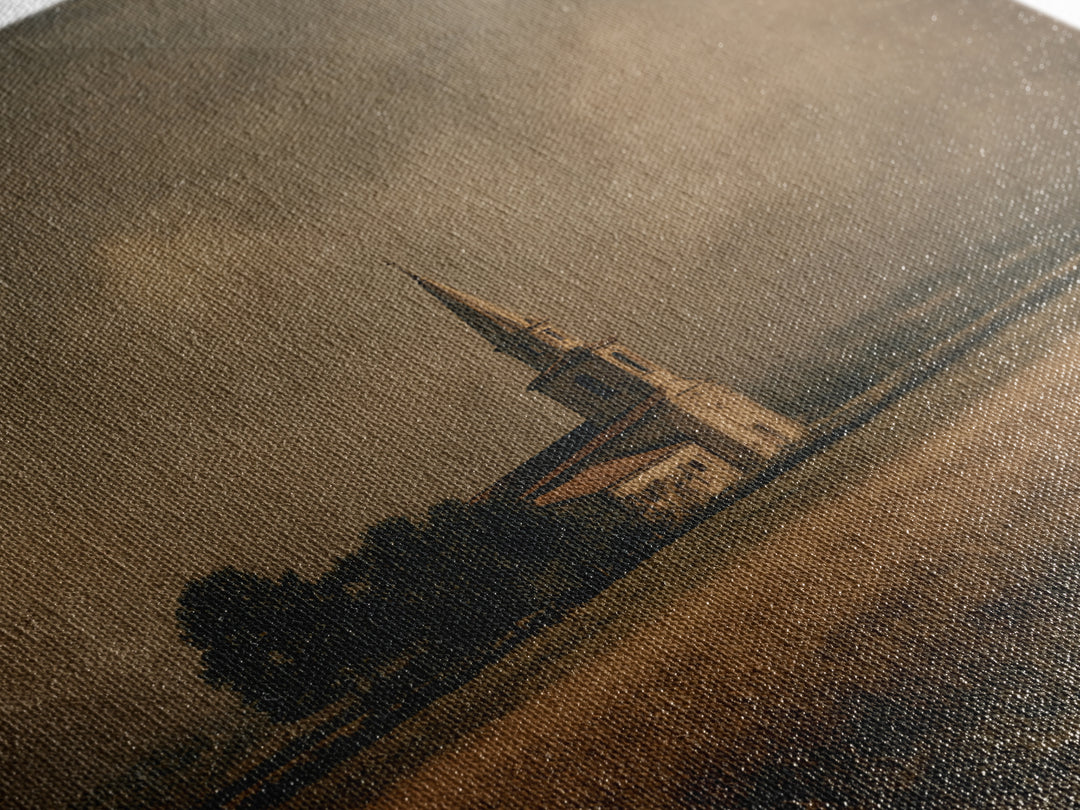 Church Steeple Across Rural Meadow Framed Canvas Print, Traditional Art, Boho Decor, Living Room Decor, Fine Art, Classic, TRA-1x1-61