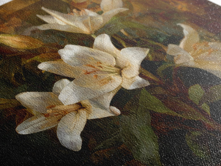 White Lilies on Dark Background Framed Canvas Print, Traditional Art, Neutral Decor, Living Room Decor, Fine Art, Classic, TRA-1x1-63