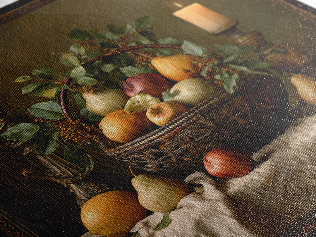 Basket of Apples and Pears on Linen Framed Canvas Print, Traditional Art, Landscape, Living Room Decor, Fine Art, Classic, TRA-1x1-66