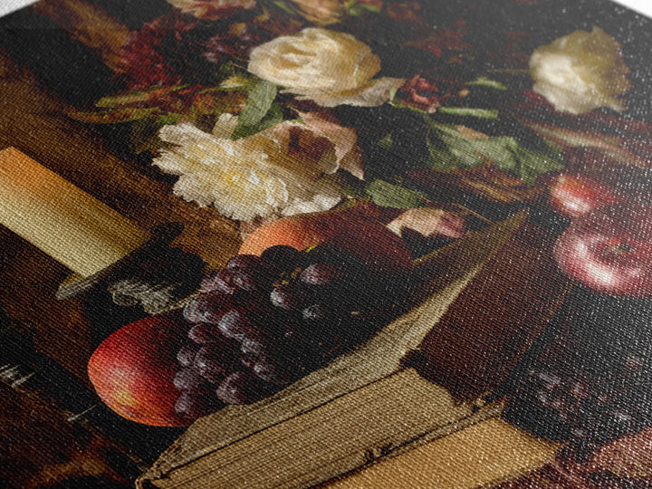 Still Life of Books Candle and Fruit Framed Canvas Print, Traditional Art, Watercolor Art, Living Room Decor, Fine Art, Classic, TRA-1x1-68