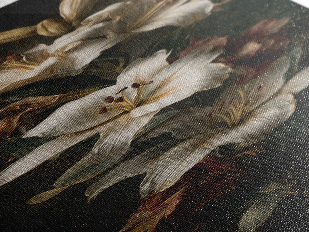 White Lilies on Dark Background Canvas Print, Traditional Art, Digital Print, Living Room Decor, Oil Painting, Classic, TRA-1x3-27