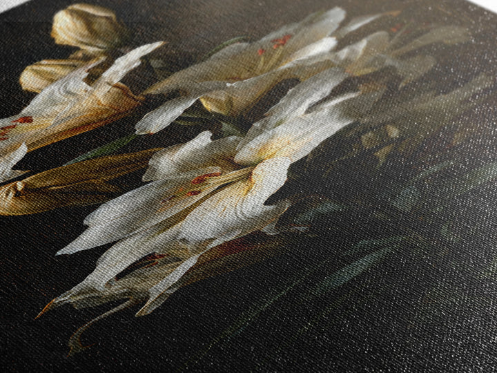 White Lilies on Dark Background Framed Canvas Print, Traditional Art, Neutral Decor, Living Room Decor, Fine Art, Classic, TRA-1x3-75