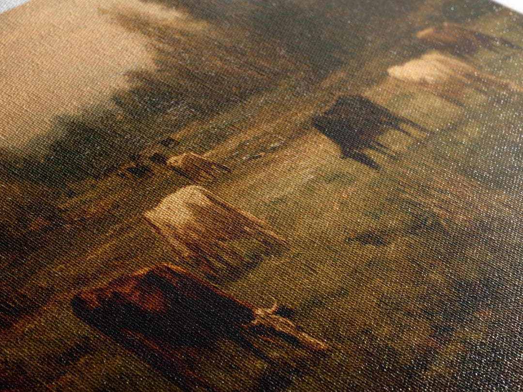 Pastoral Countryside with Cows in Field Framed Canvas Print, Traditional Art, Boho Decor, Living Room Decor, Oil Painting, TRA-2x1-27