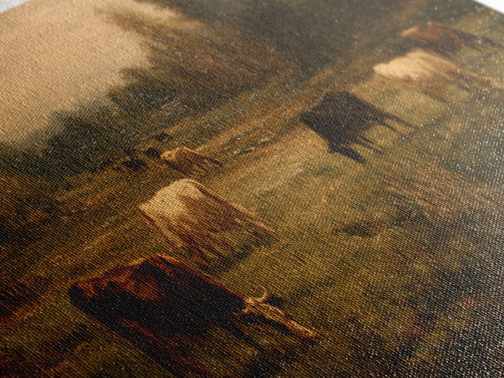 Pastoral Countryside with Cows in Field Framed Canvas Print, Traditional Art, Boho Decor, Living Room Decor, Oil Painting, TRA-2x1-27