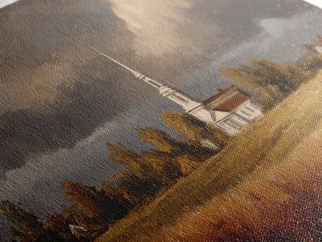 Church Steeple Across Rural Meadow Framed Canvas Print, Traditional Art, Printable Art, Living Room Decor, Watercolor Art, TRA-2x1-81