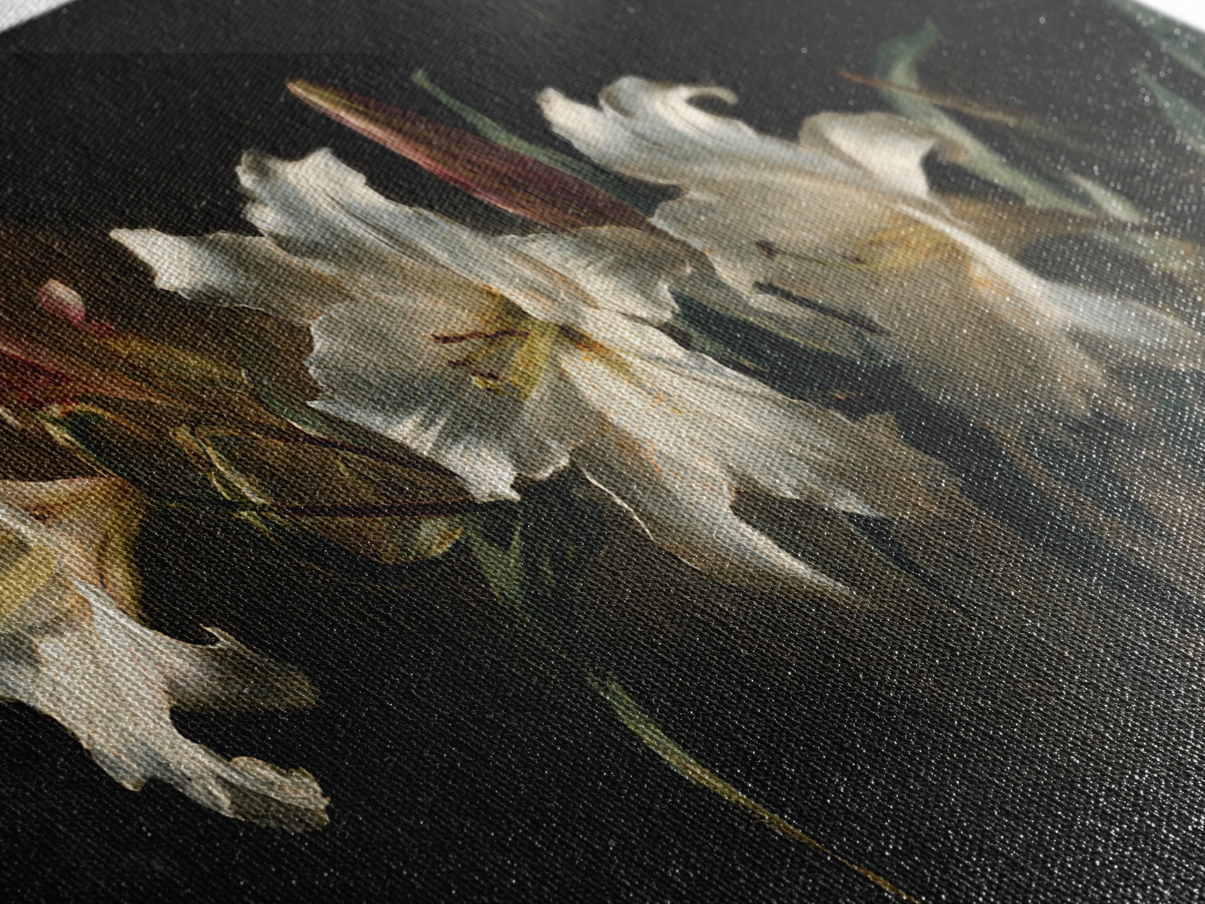 White Lilies on Dark Background Framed Canvas Print, Traditional Art, Art, Living Room Decor, Fine Art, Classic, Printable Art, TRA-2x1-83