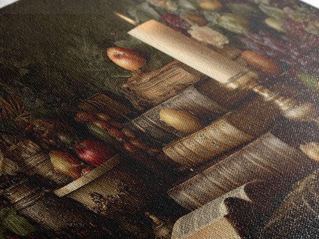 Still Life of Books Candle and Fruit Framed Canvas Print, Traditional Art, Original Art, Living Room Decor, Fine Art, Classic, TRA-2x1-88