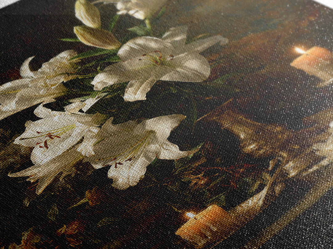 White Lilies on Dark Background Canvas Print, Traditional Art, Decor, Living Room Decor, Fine Art, Classic, Japanese Art, TRA-2x3-23