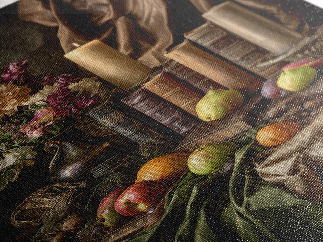 Still Life of Books Candle and Fruit Framed Canvas Print, Traditional Art, Contemporary Art, Living Room Decor, Classic, TRA-2x3-4