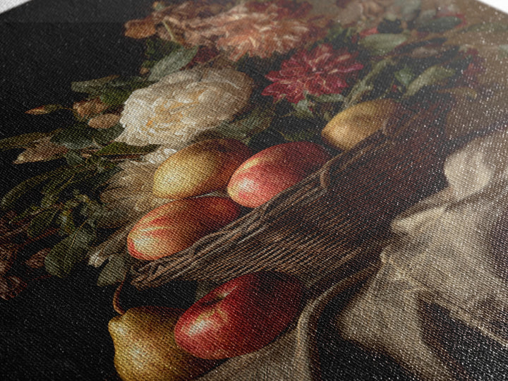 Basket of Apples and Pears on Linen Framed Canvas Print, Traditional Art, Canvas, Living Room Decor, Abstract Art, Classic, TRA-2x3-74