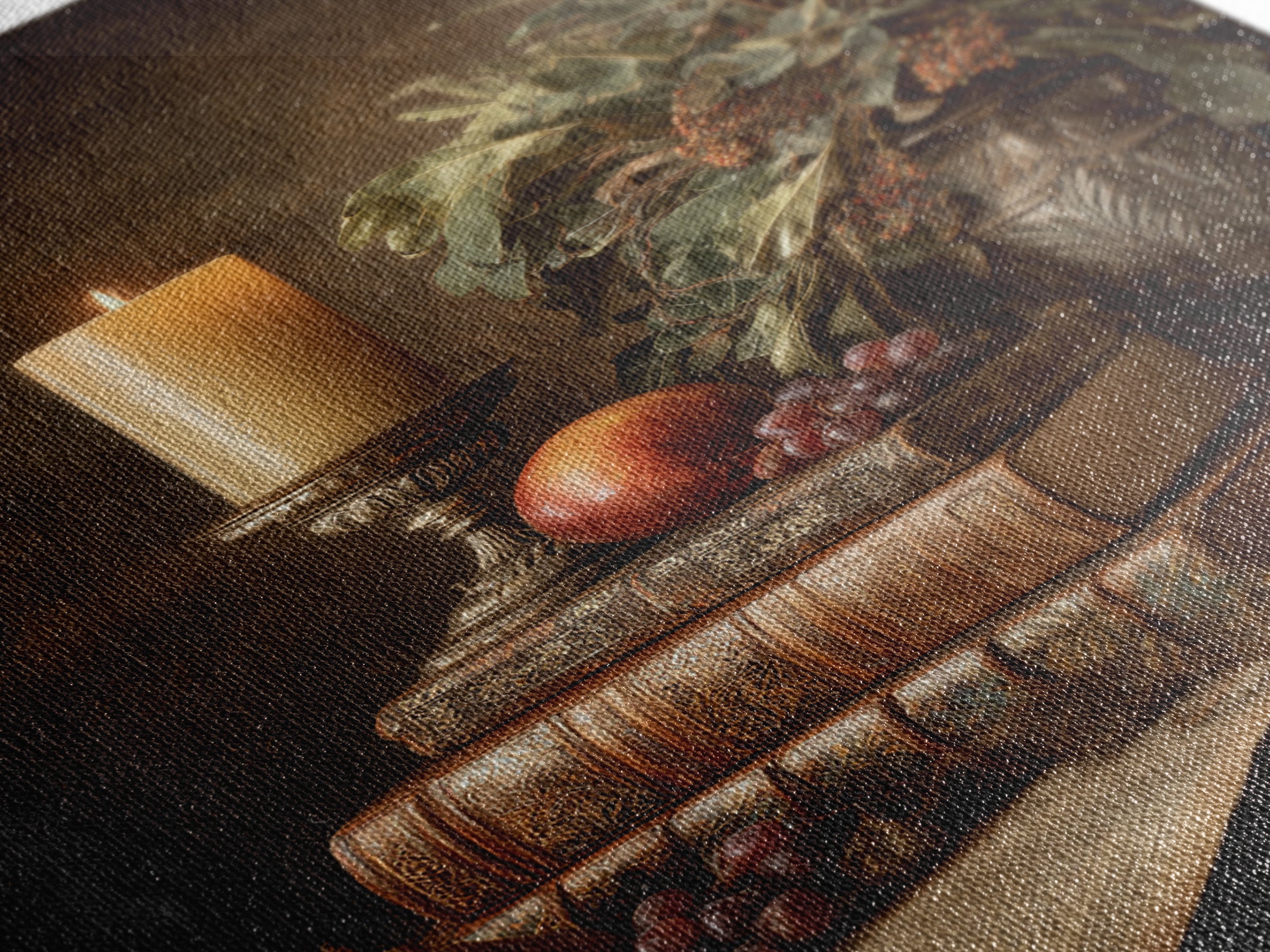Still Life of Books Candle and Fruit Framed Canvas Print, Traditional Art, Indian Decor, Living Room Decor, Fine Art, Classic, TRA-2x3-76