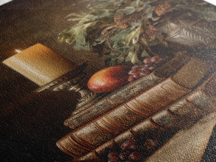 Still Life of Books Candle and Fruit Framed Canvas Print, Traditional Art, Indian Decor, Living Room Decor, Fine Art, Classic, TRA-2x3-76