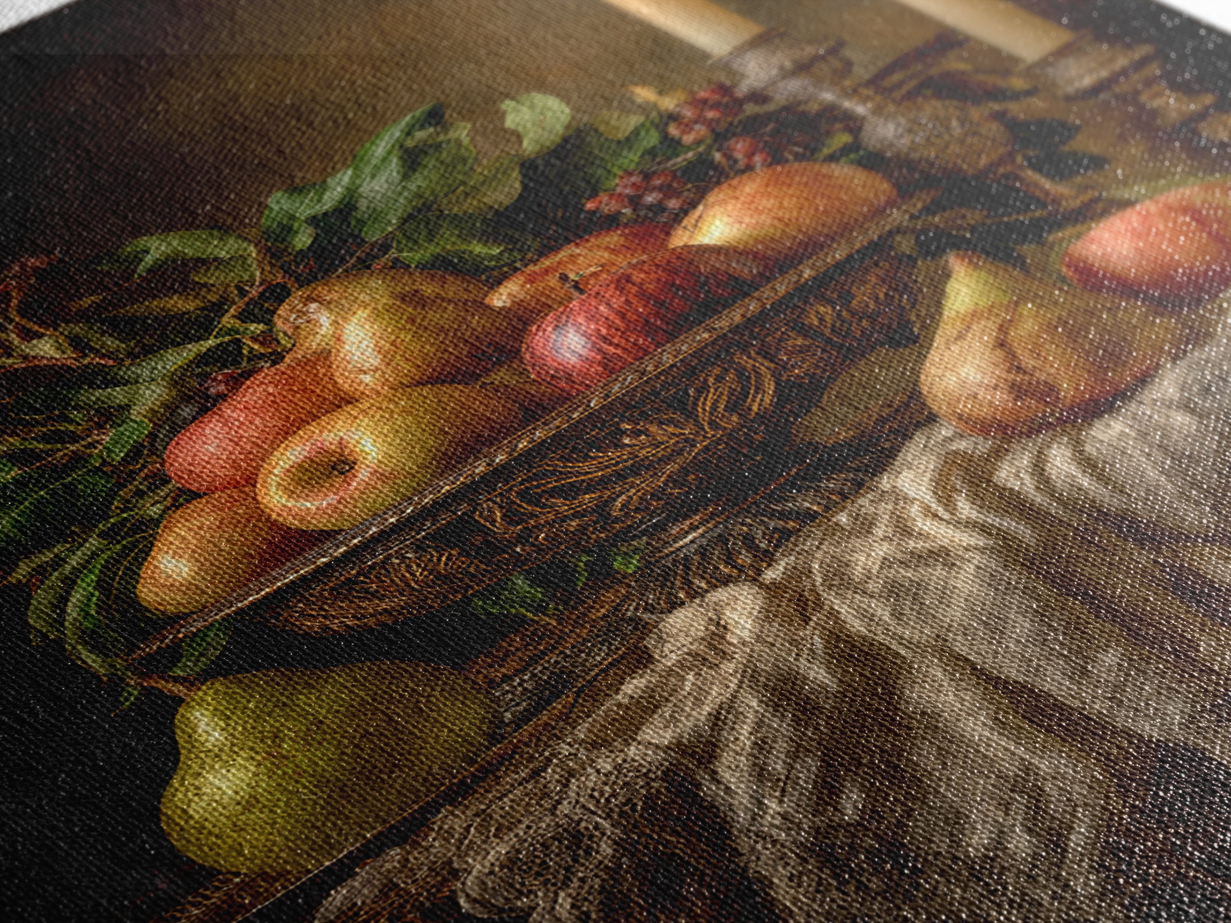 Basket of Apples and Pears on Linen Framed Canvas Print, Traditional Art, Canvas, Living Room Decor, Abstract Art, Classic, TRA-2x3-98