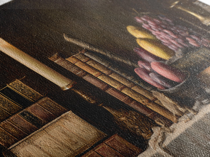 Still Life of Books Candle and Fruit Canvas Print, Traditional Art, Gallery Decor, Living Room Decor, Fine Art, Classic, TRA-3x1-36