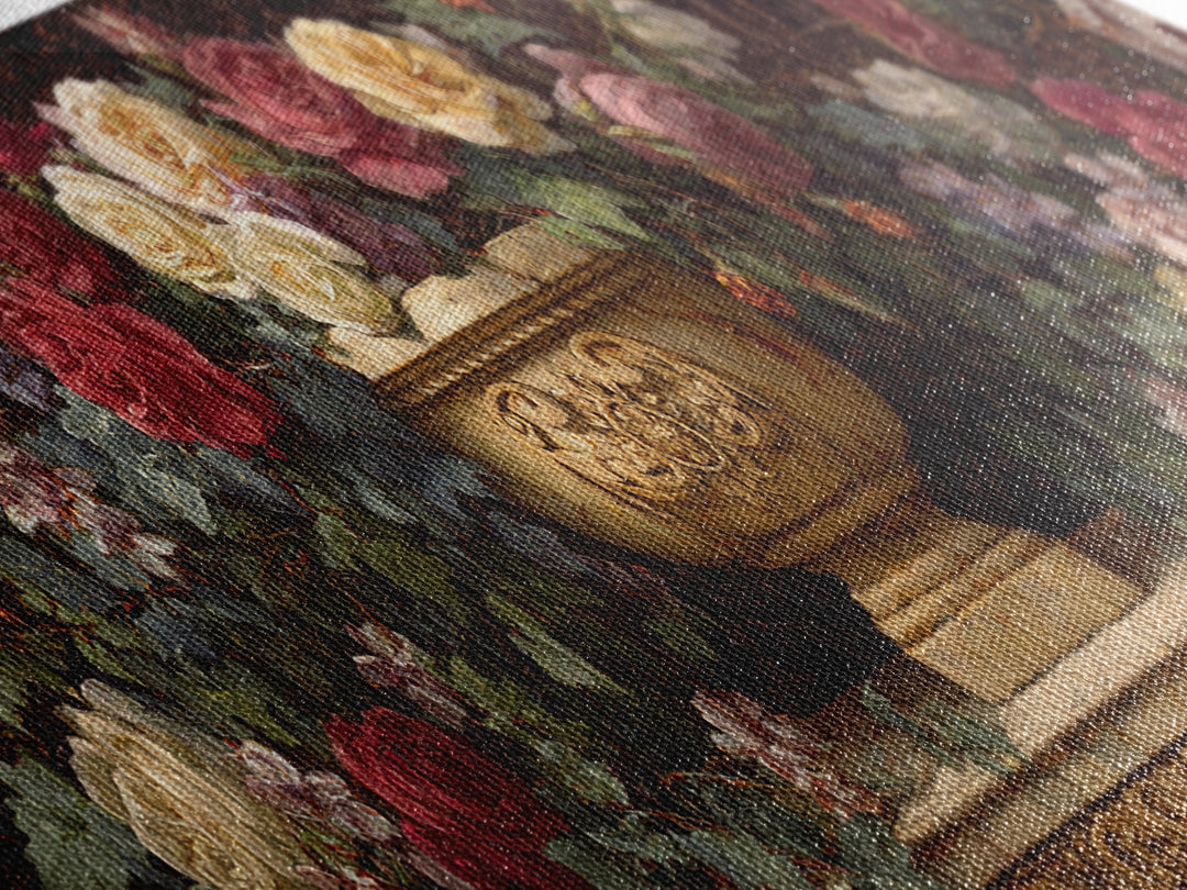 Garden Urn with Roses and Ivy Canvas Print, Traditional Art, Neutral Decor, Living Room Decor, Oil Painting, Classic, TRA-3x1-40