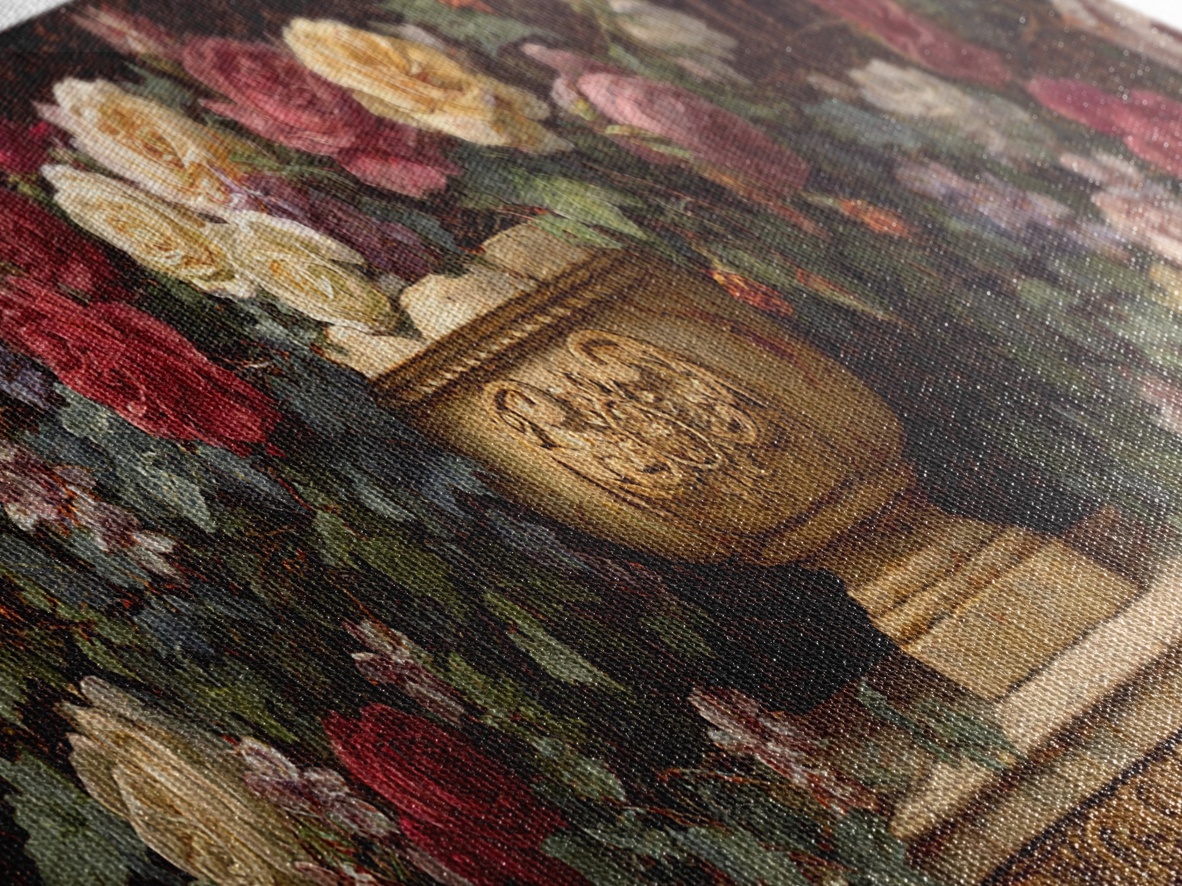Garden Urn with Roses and Ivy Canvas Print, Traditional Art, Neutral Decor, Living Room Decor, Oil Painting, Classic, TRA-3x1-40