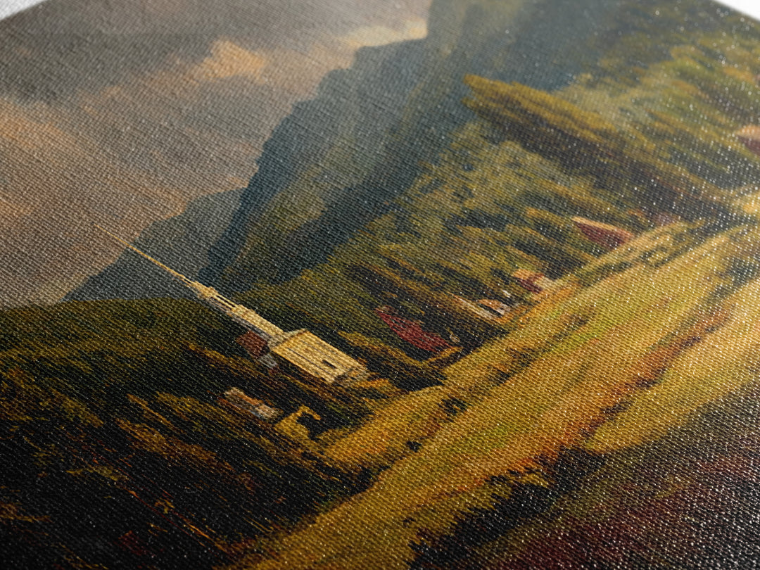 Church Steeple Across Rural Meadow Framed Canvas Print, Traditional Art, Indian Art, Living Room Decor, Oil Painting, Classic, TRA-3x1-53