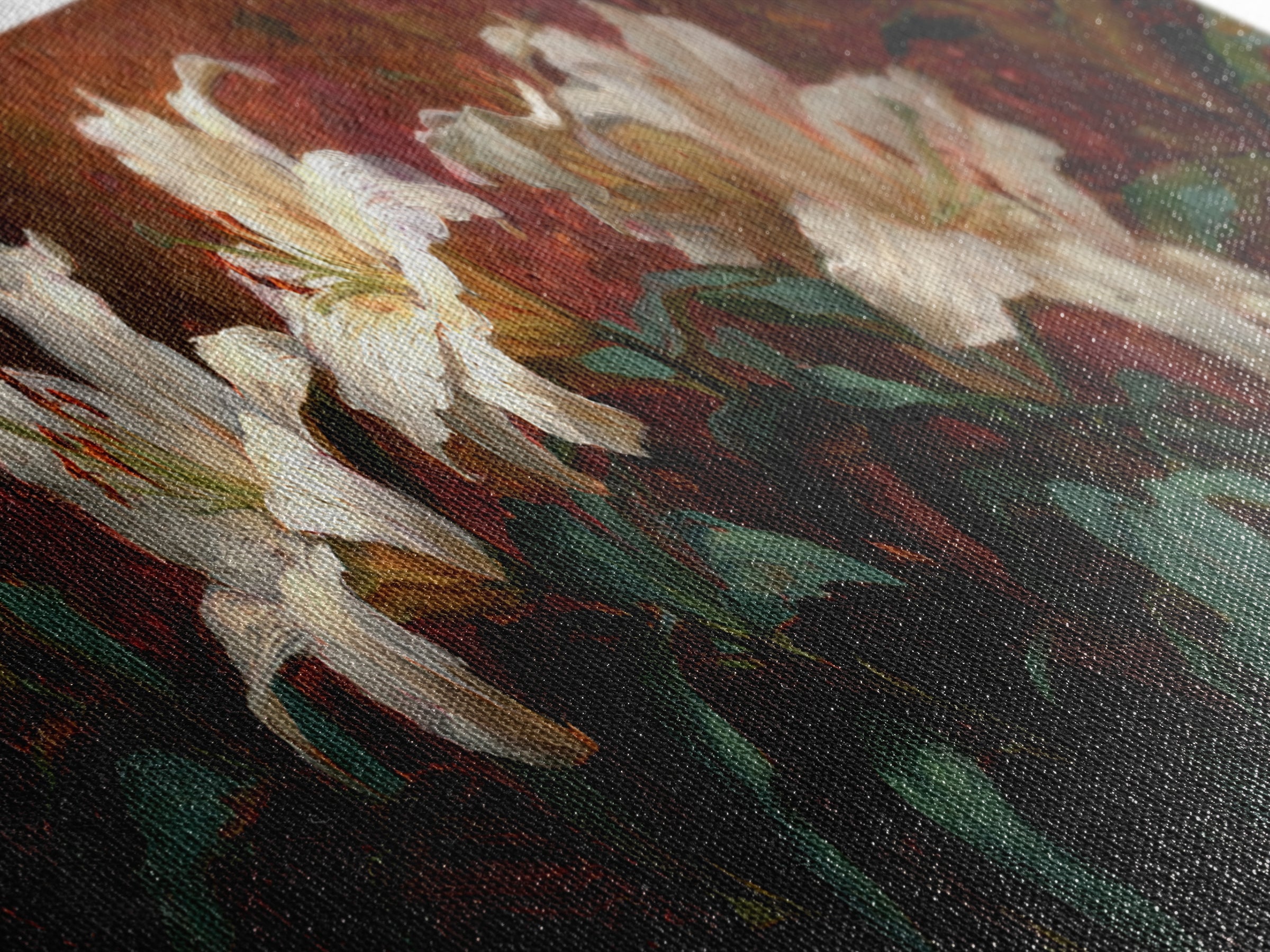 White Lilies on Dark Background Framed Canvas Print, Traditional Art, Digital Print, Living Room Decor, Oil Painting, Classic, TRA-3x1-79