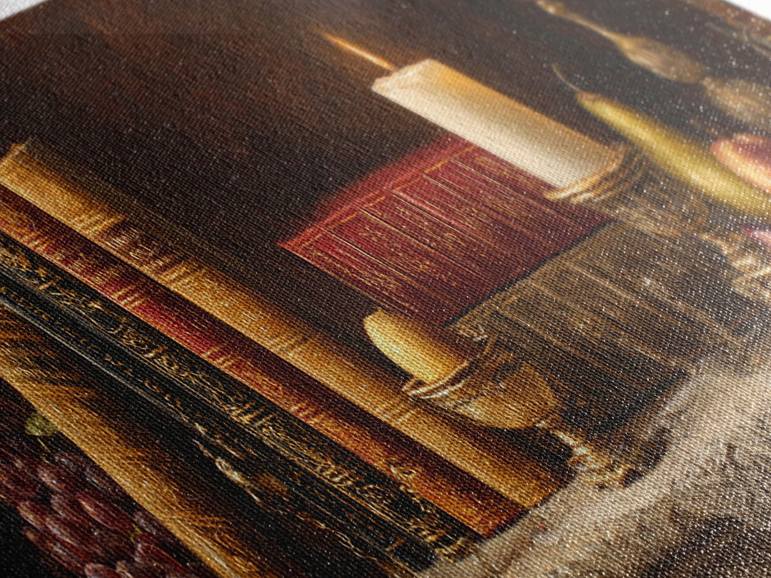 Still Life of Books Candle and Fruit Framed Canvas Print, Traditional Art, Painting, Living Room Decor, Fine Art, Classic, TRA-3x1-84