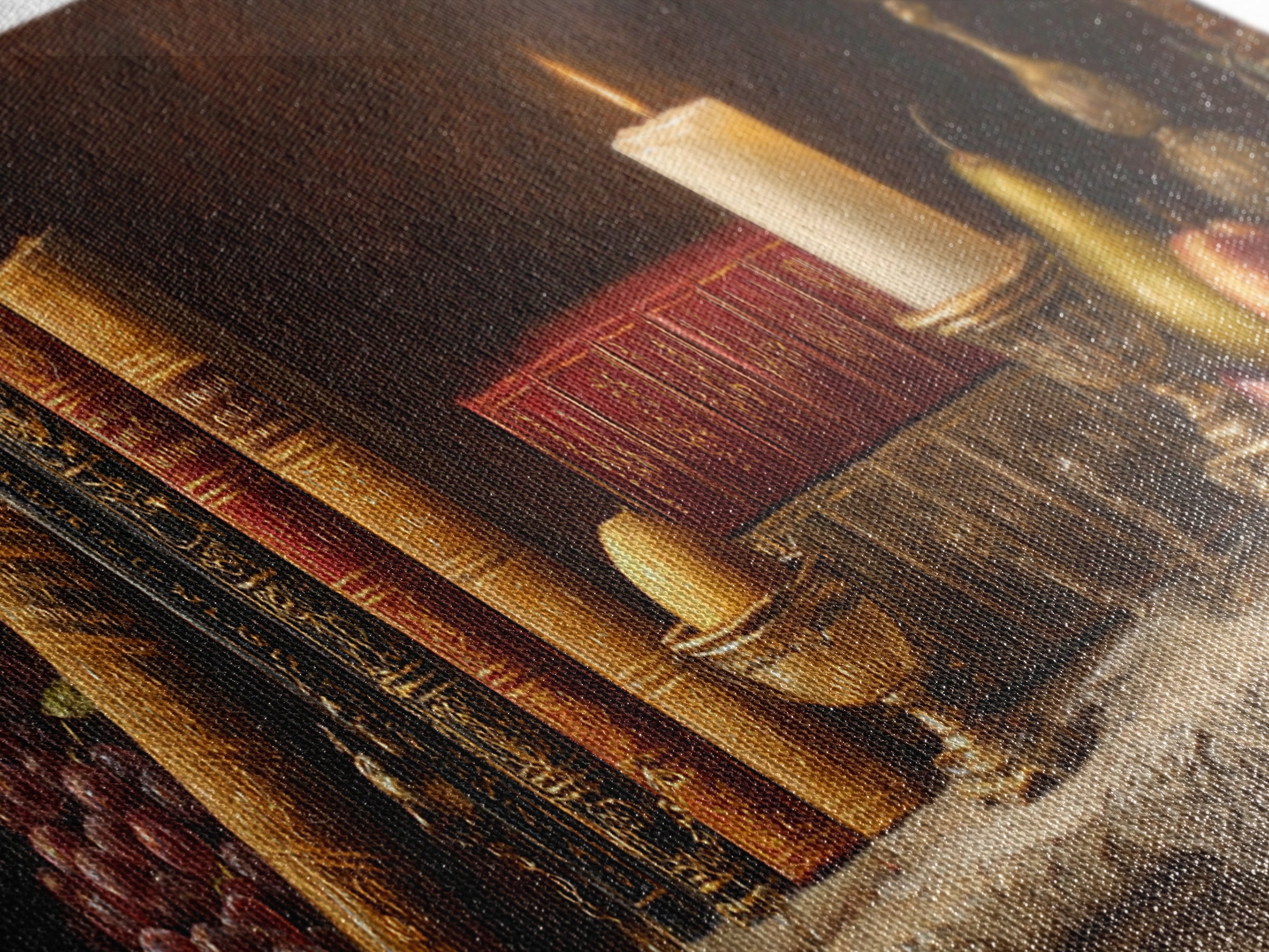 Still Life of Books Candle and Fruit Framed Canvas Print, Traditional Art, Painting, Living Room Decor, Fine Art, Classic, TRA-3x1-84