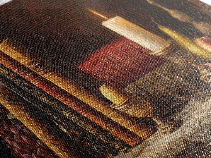 Still Life of Books Candle and Fruit Framed Canvas Print, Traditional Art, Painting, Living Room Decor, Fine Art, Classic, TRA-3x1-84