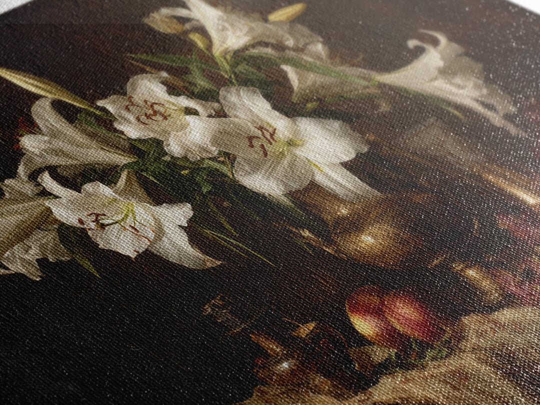 White Lilies on Dark Background Framed Canvas Print, Traditional Art, Statement Artwork, Living Room Decor, Fine Art, Classic, TRA-3x2-19