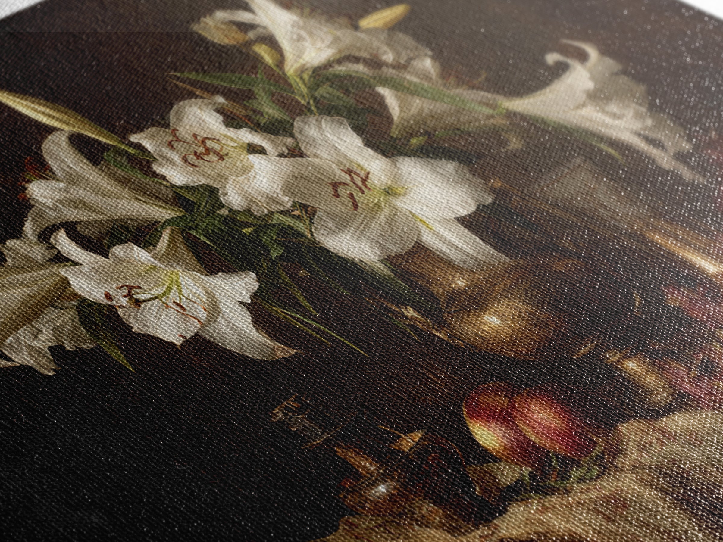 White Lilies on Dark Background Framed Canvas Print, Traditional Art, Statement Artwork, Living Room Decor, Fine Art, Classic, TRA-3x2-19