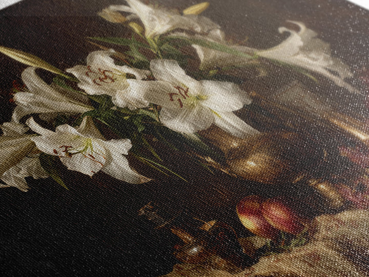 White Lilies on Dark Background Framed Canvas Print, Traditional Art, Statement Artwork, Living Room Decor, Fine Art, Classic, TRA-3x2-19