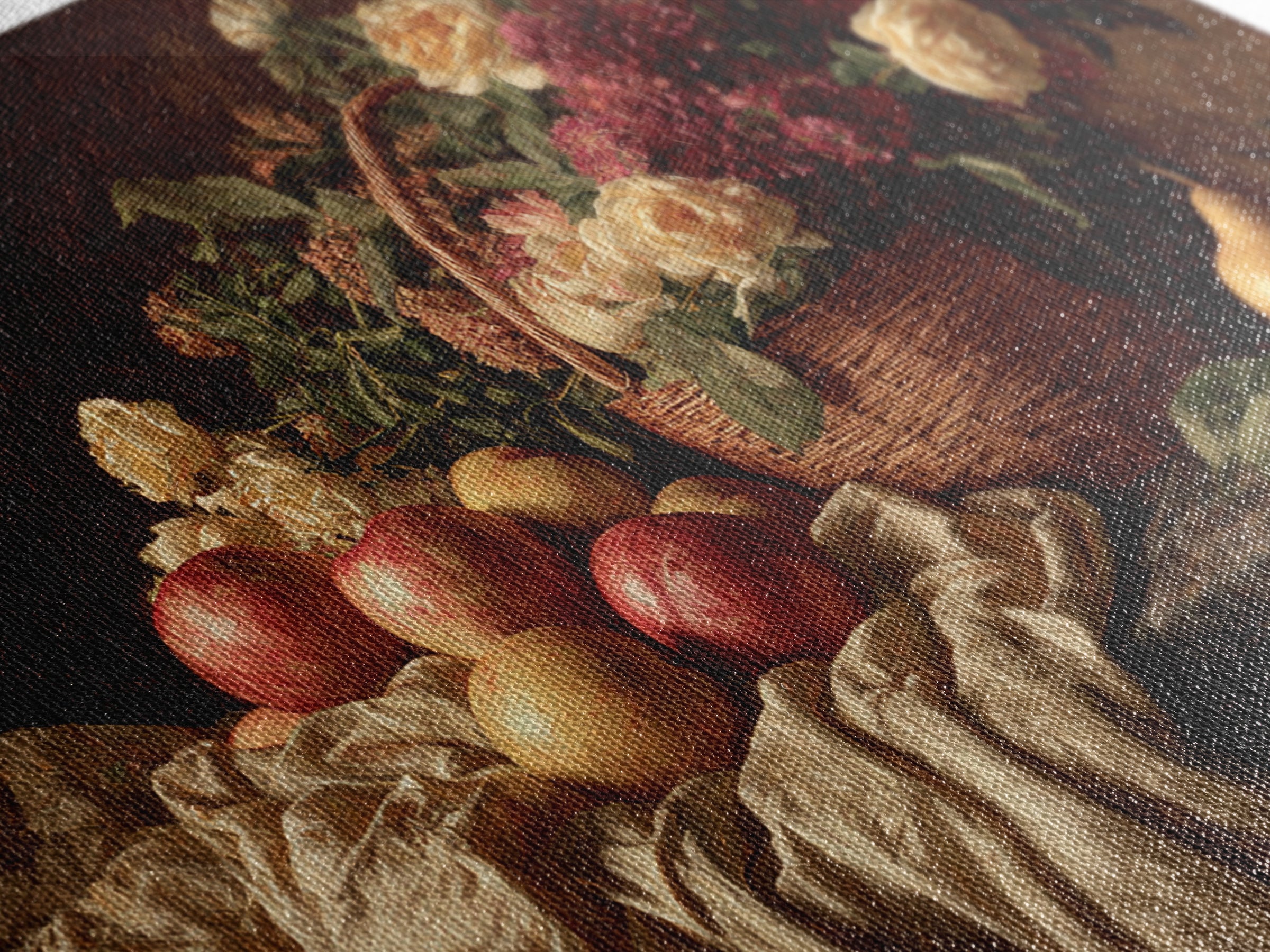 Basket of Apples and Pears on Linen Canvas Print, Traditional Art, Digital Print, Living Room Decor, Abstract Art, Classic, TRA-3x2-22