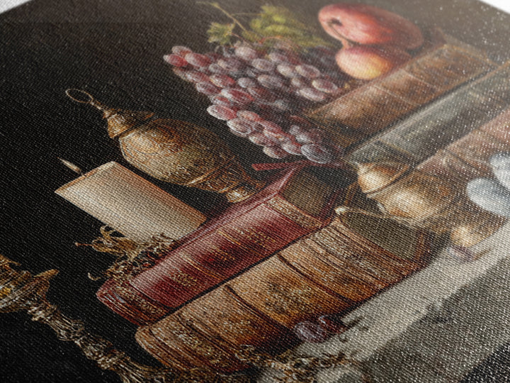 Still Life of Books Candle and Fruit Framed Canvas Print, Traditional Art, Indian Decor, Living Room Decor, Fine Art, Classic, TRA-3x2-24