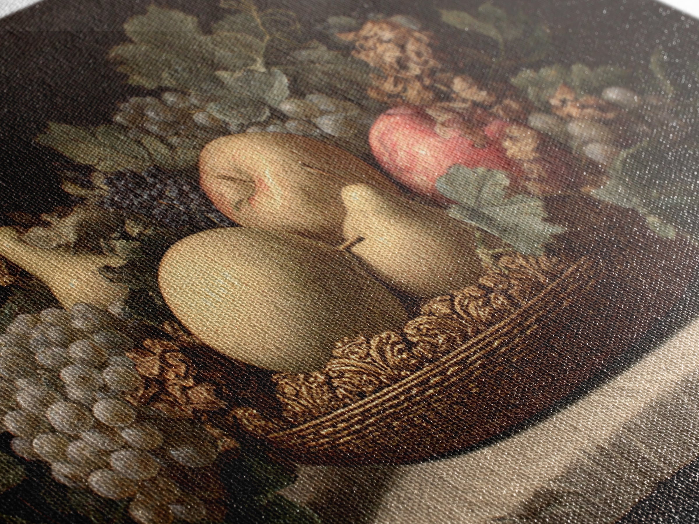 Basket of Apples and Pears on Linen Framed Canvas Print, Traditional Art, Custom Art, Living Room Decor, Abstract Art, Classic, TRA-3x2-46