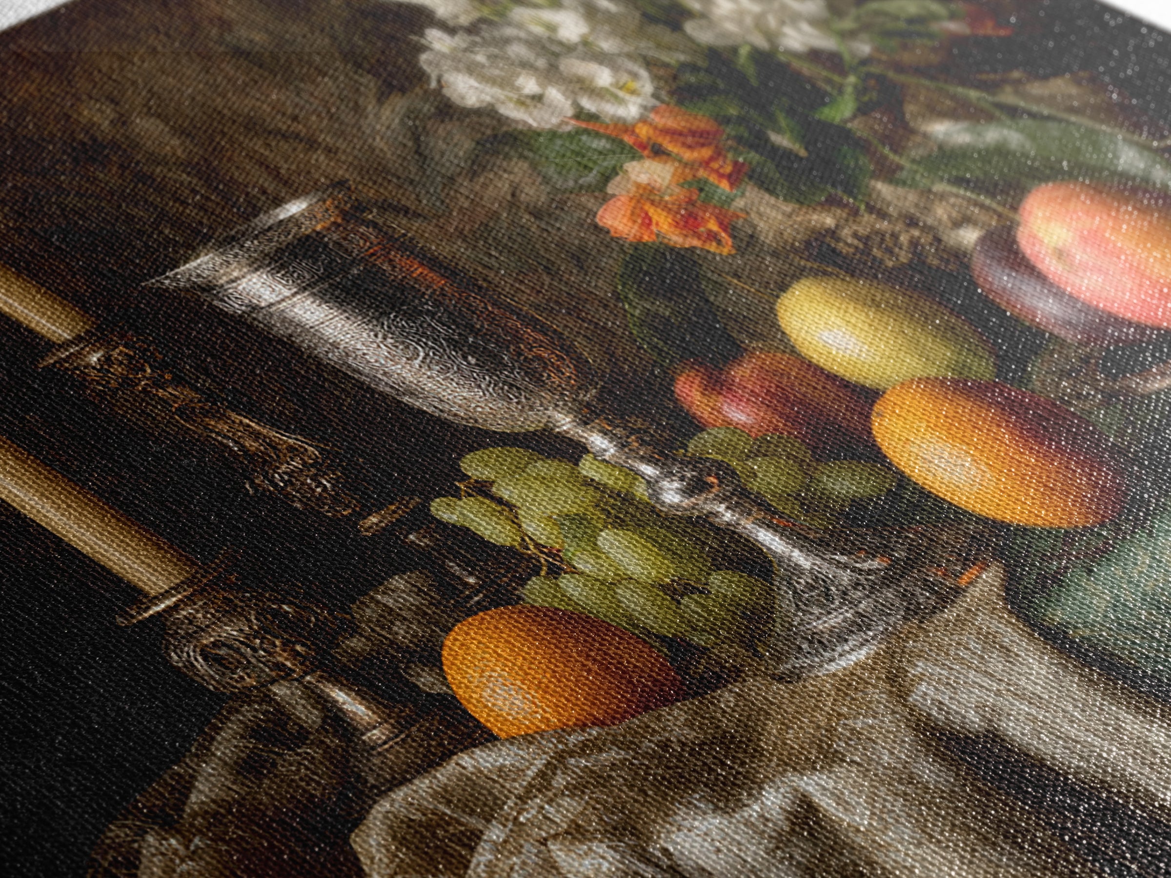 Dutch Fruit and Silver Goblet Still Life Framed Canvas Print, Traditional Art, Living Room Decor, Watercolor Art, Classic, TRA-3x2-80