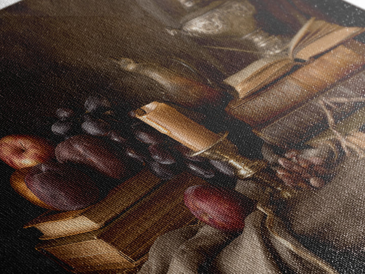 Still Life of Books Candle and Fruit Framed Canvas Print, Traditional Art, Painting, Living Room Decor, Fine Art, Classic, TRA-3x2-96