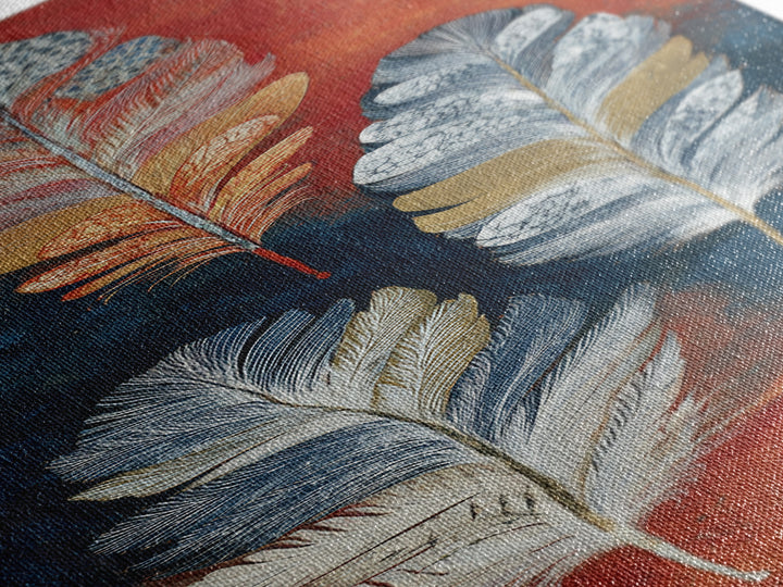Feather Arrangement with Red Ochre Background Canvas Print, Tribal Art, Neutral Decor, Living Room Decor, Oil Painting, Tribal, TRI-1x3-55