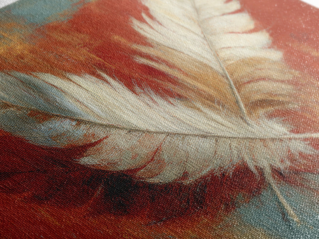 Feather Arrangement with Red Ochre Background Framed Canvas Print, Tribal Art, Living Room Decor, Watercolor Art, Tribal, TRI-2x1-15