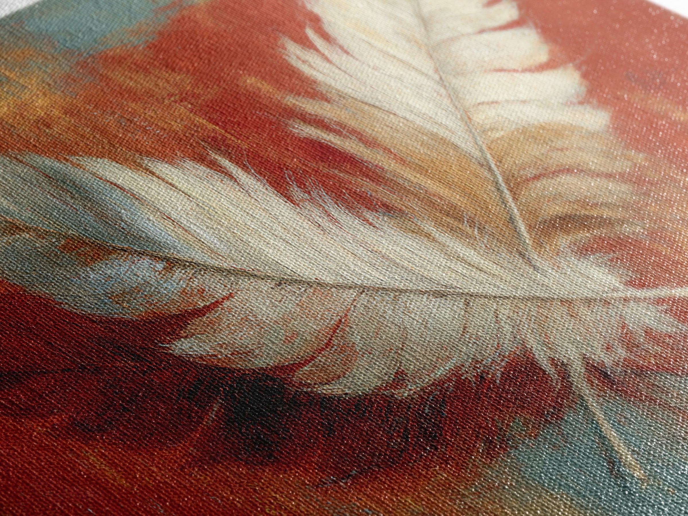 Feather Arrangement with Red Ochre Background Framed Canvas Print, Tribal Art, Living Room Decor, Watercolor Art, Tribal, TRI-2x1-15