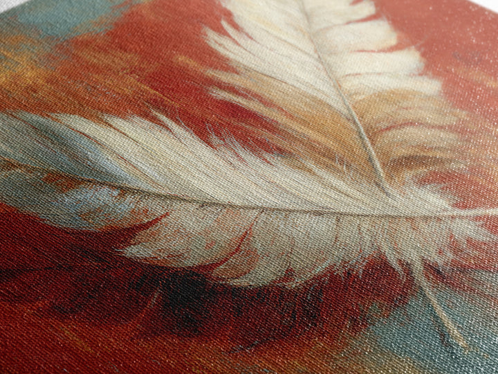 Feather Arrangement with Red Ochre Background Framed Canvas Print, Tribal Art, Living Room Decor, Watercolor Art, Tribal, TRI-2x1-15