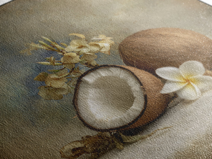 Coconut and Plumeria Still Life Framed Canvas Print, Tropical Art, Decor, Living Room Decor, Fine Art, Tropic, Bird Art, TRO-1x1-12