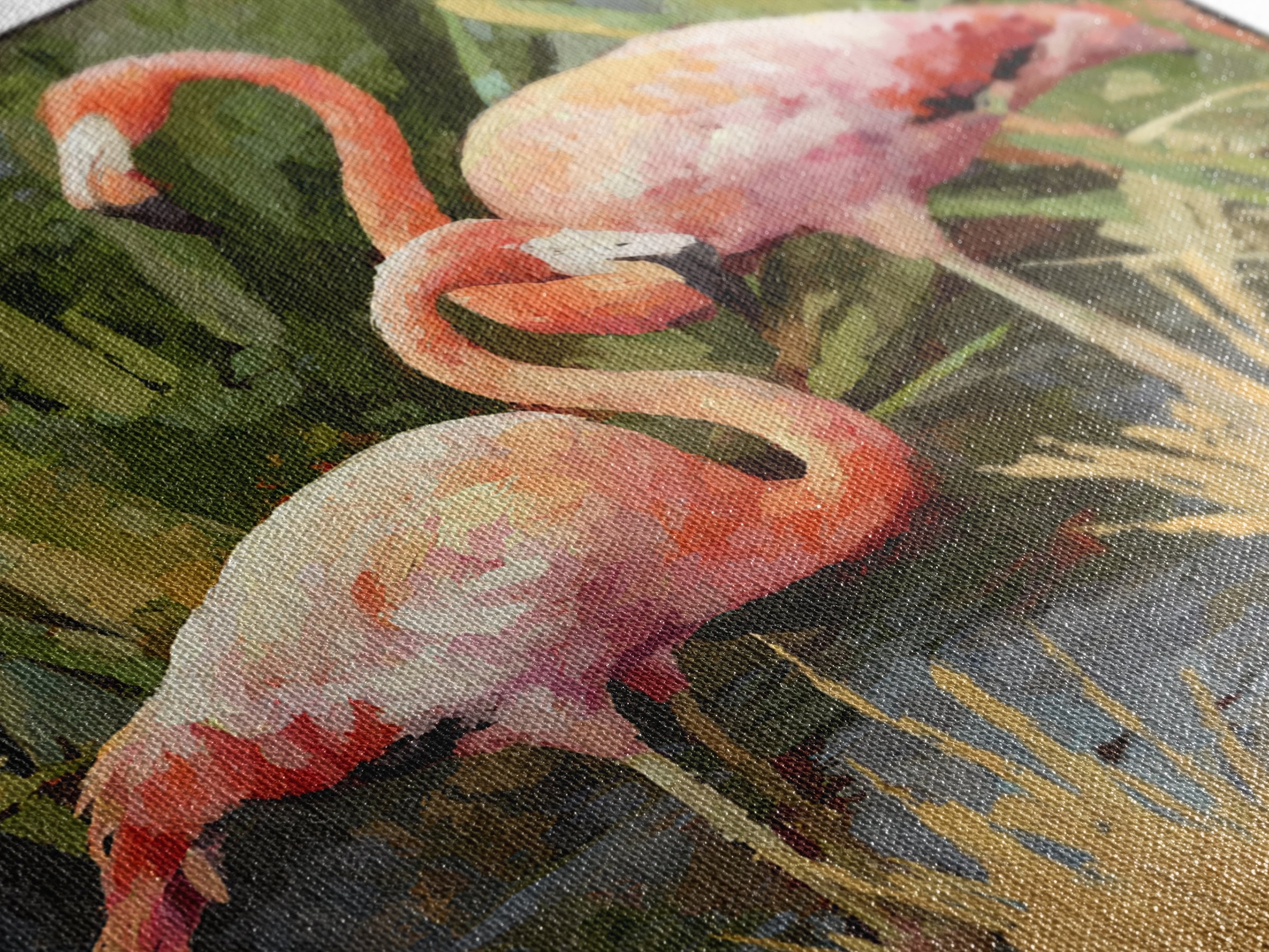 Pink Flamingos Among Tropical Water Plants Framed Canvas Print, Tropical Art, Beach Wall Art, Living Room Decor, Tropic, TRO-1x1-2
