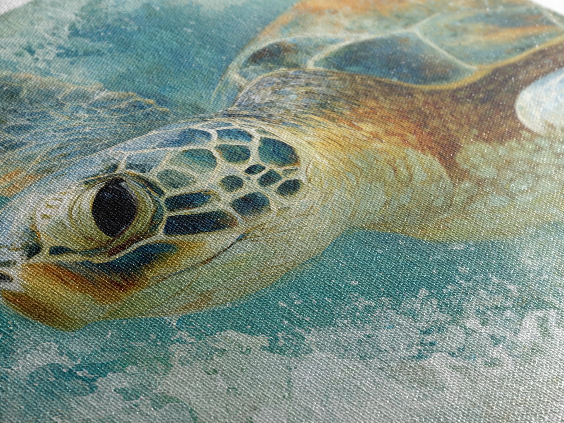Sea Turtle Near Tropical Reef Framed Canvas Print, Tropical Art, Beach Decor, Living Room Decor, Oil Painting, Tropic, TRO-1x1-43