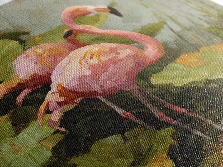 Pink Flamingos Among Tropical Water Plants Canvas Print, Tropical Art, Whimsical Art, Living Room Decor, Fine Art, Tropic, TRO-1x1-50