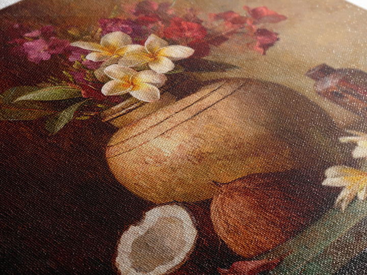 Coconut and Plumeria Still Life Canvas Print, Tropical Art, Coastal Decor, Living Room Decor, Fine Art, Tropic, Modern Decor, TRO-1x1-60