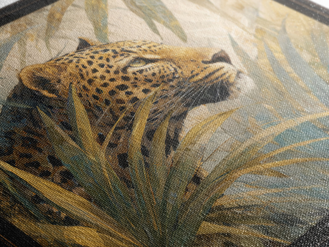 Leopard Hidden Among Palm Leaves Framed Canvas Print, Tropical Art, Gallery Decor, Living Room Decor, Fine Art, Tropic, TRO-1x1-62