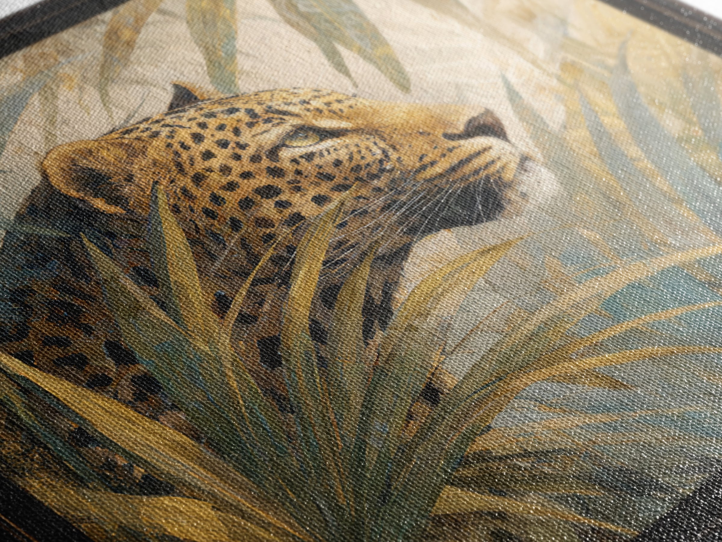 Leopard Hidden Among Palm Leaves Framed Canvas Print, Tropical Art, Gallery Decor, Living Room Decor, Fine Art, Tropic, TRO-1x1-62