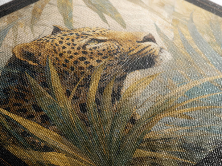 Leopard Hidden Among Palm Leaves Framed Canvas Print, Tropical Art, Gallery Decor, Living Room Decor, Fine Art, Tropic, TRO-1x1-62