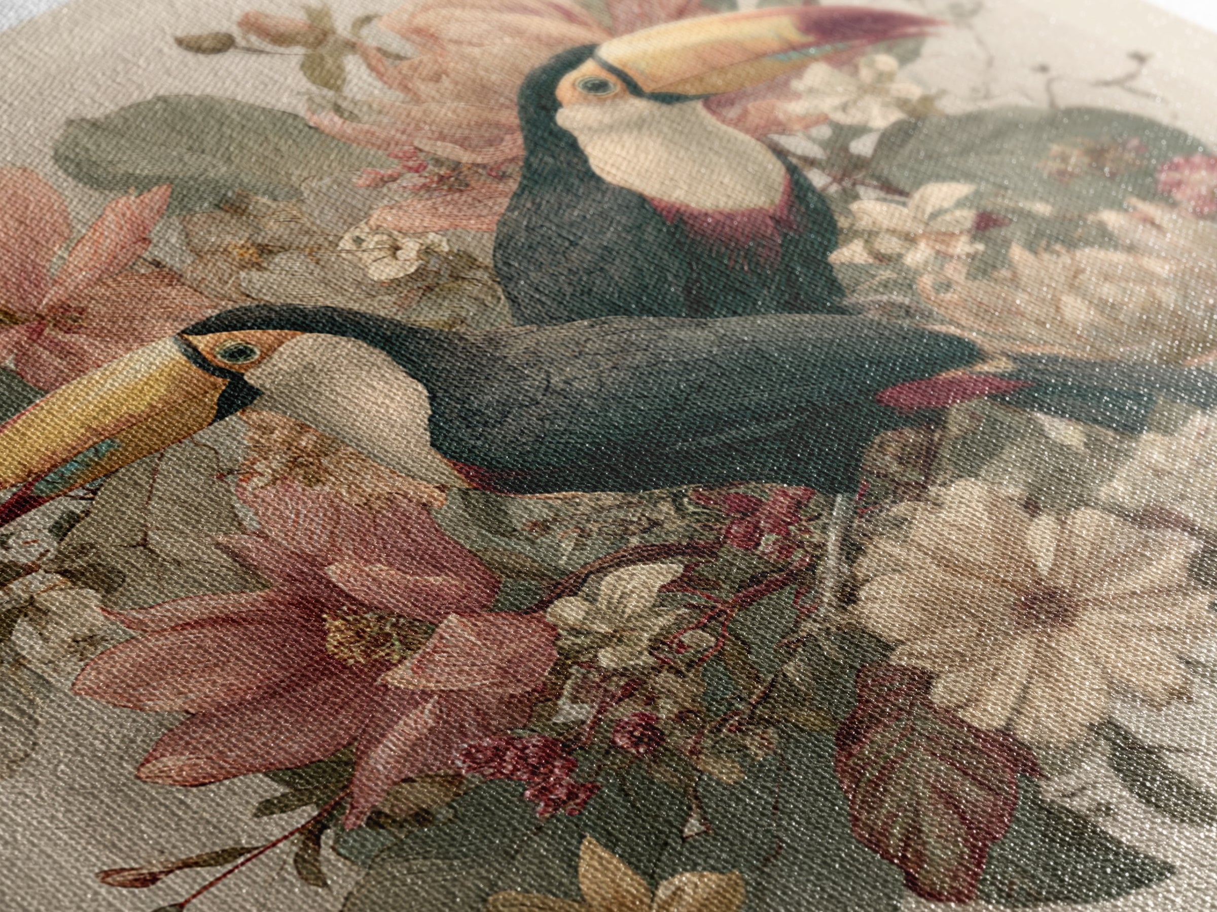 Toucans Surrounded by Bright Jungle Flowers Canvas Print, Tropical Art, Statement Artwork, Living Room Decor, Fine Art, Tropic, TRO-1x1-75
