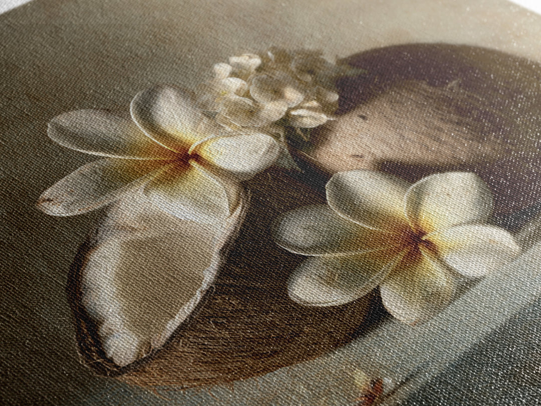 Coconut and Plumeria Still Life Framed Canvas Print, Tropical Art, Beach Print, Living Room Decor, Abstract Art, Tropic, TRO-1x1-84