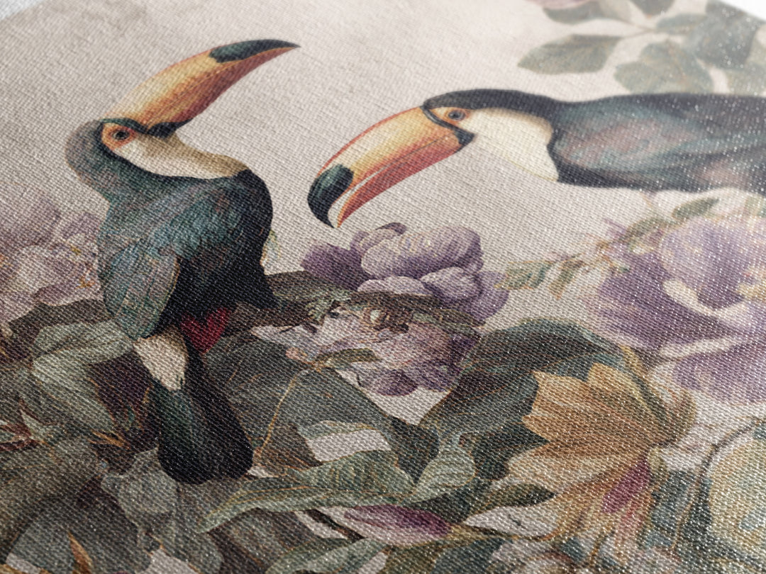 Toucans Surrounded by Bright Jungle Flowers Canvas Print, Tropical Art, Decor, Living Room Decor, Oil Painting, Tropic, TRO-1x1-99
