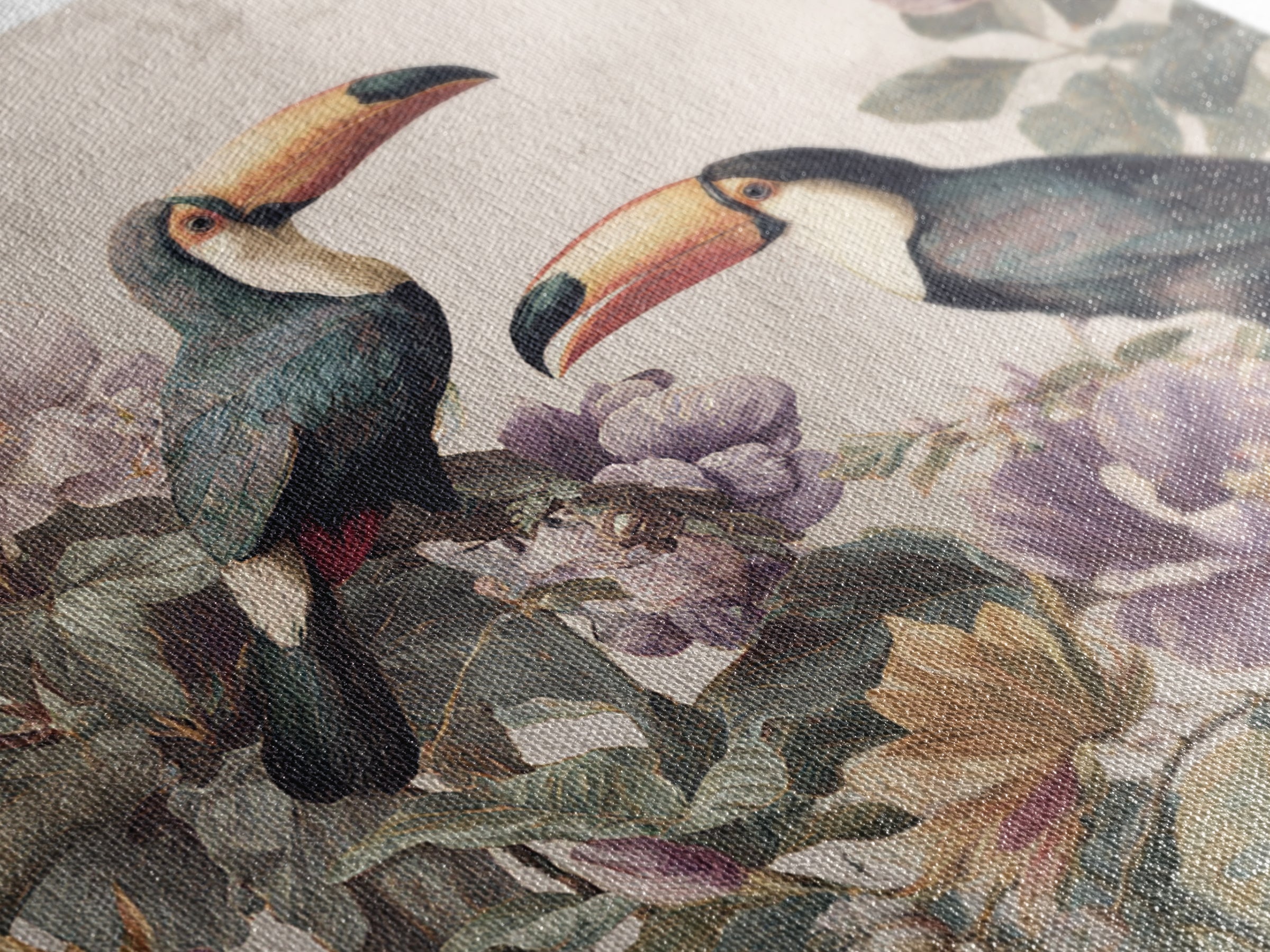 Toucans Surrounded by Bright Jungle Flowers Canvas Print, Tropical Art, Decor, Living Room Decor, Oil Painting, Tropic, TRO-1x1-99